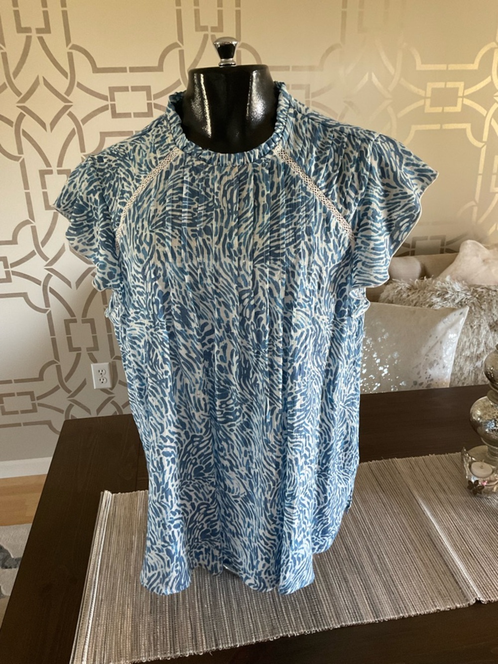 Nanette Lepore Blue and White Printed Flutter-Sleeve Blouse
